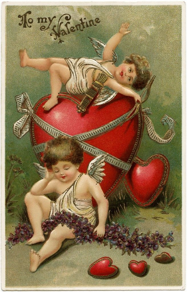 Free Vintage Clip Art Valentine Postcard Cupid Cherub Red Hearts 