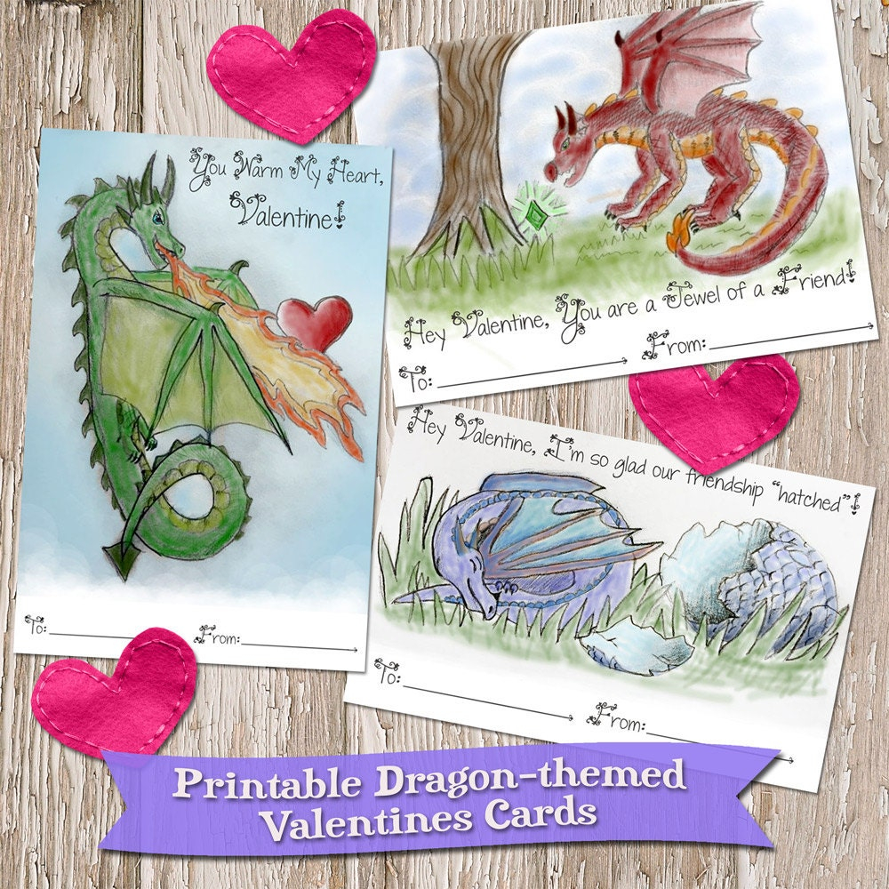 Printable Fantasy Dragon Valentines Day Cards Pack Of 3 Hand Etsy