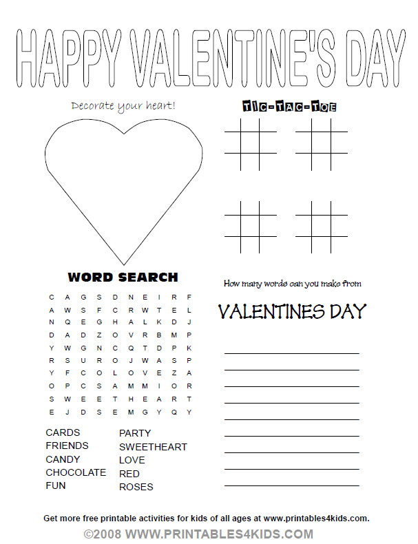 Valentine s Day 4 in 1 Activity Sheet Printables For Kids Free Word 