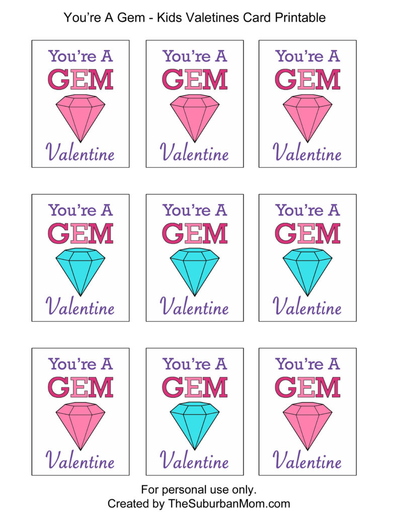 Kids Valentines Cards You re A Gem Free Printable 