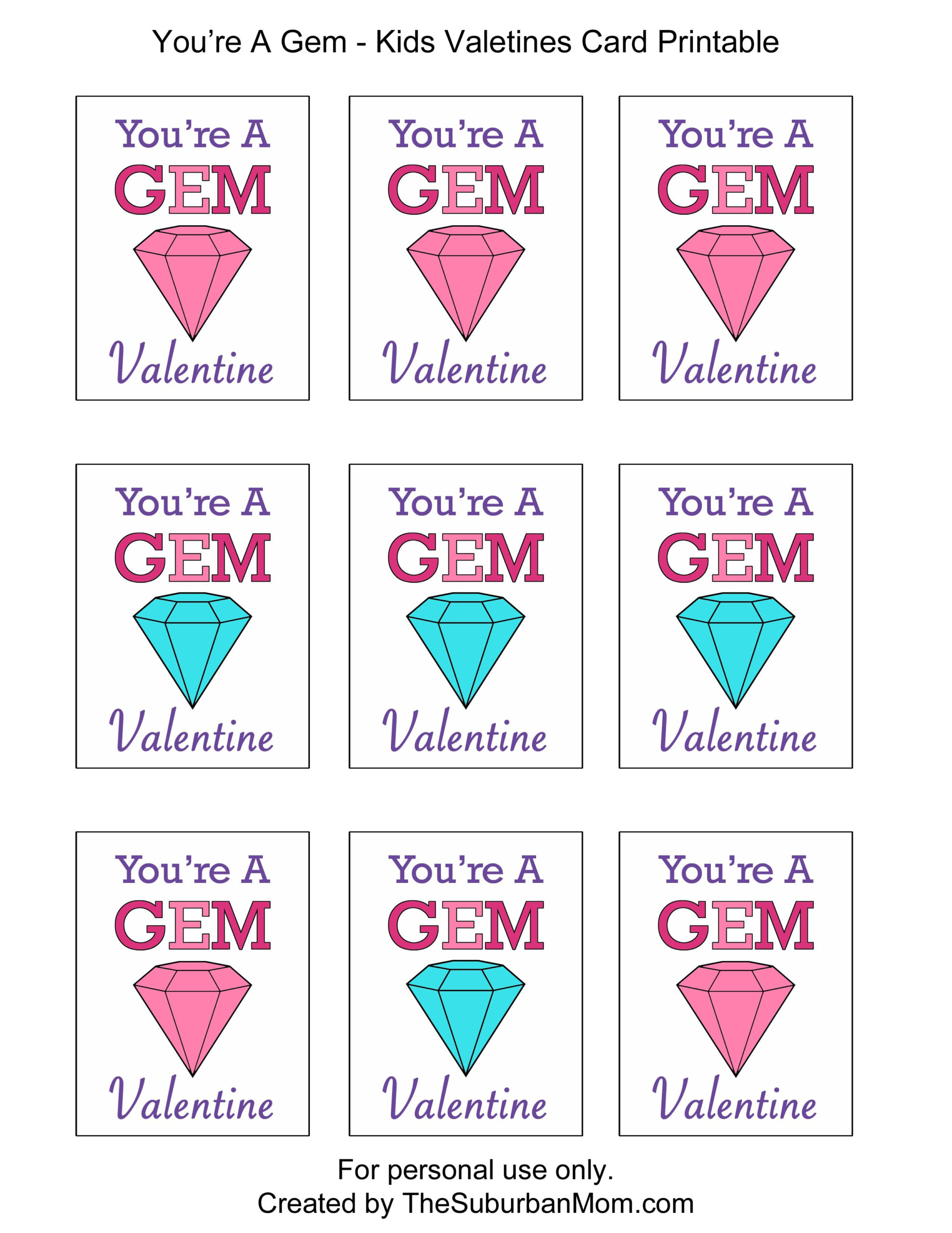 Kids Valentines Cards You re A Gem Free Printable 