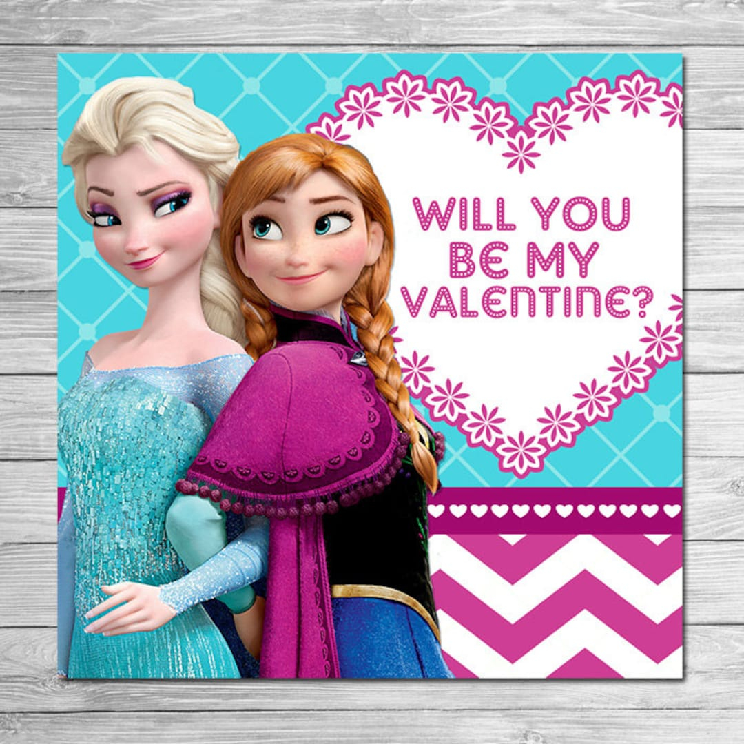 Printable Frozen Valentine s Day Card Anna Elsa Chevron Valentines